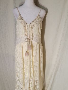 Lace Midi Slip Dress in Cream with Pom Tassels